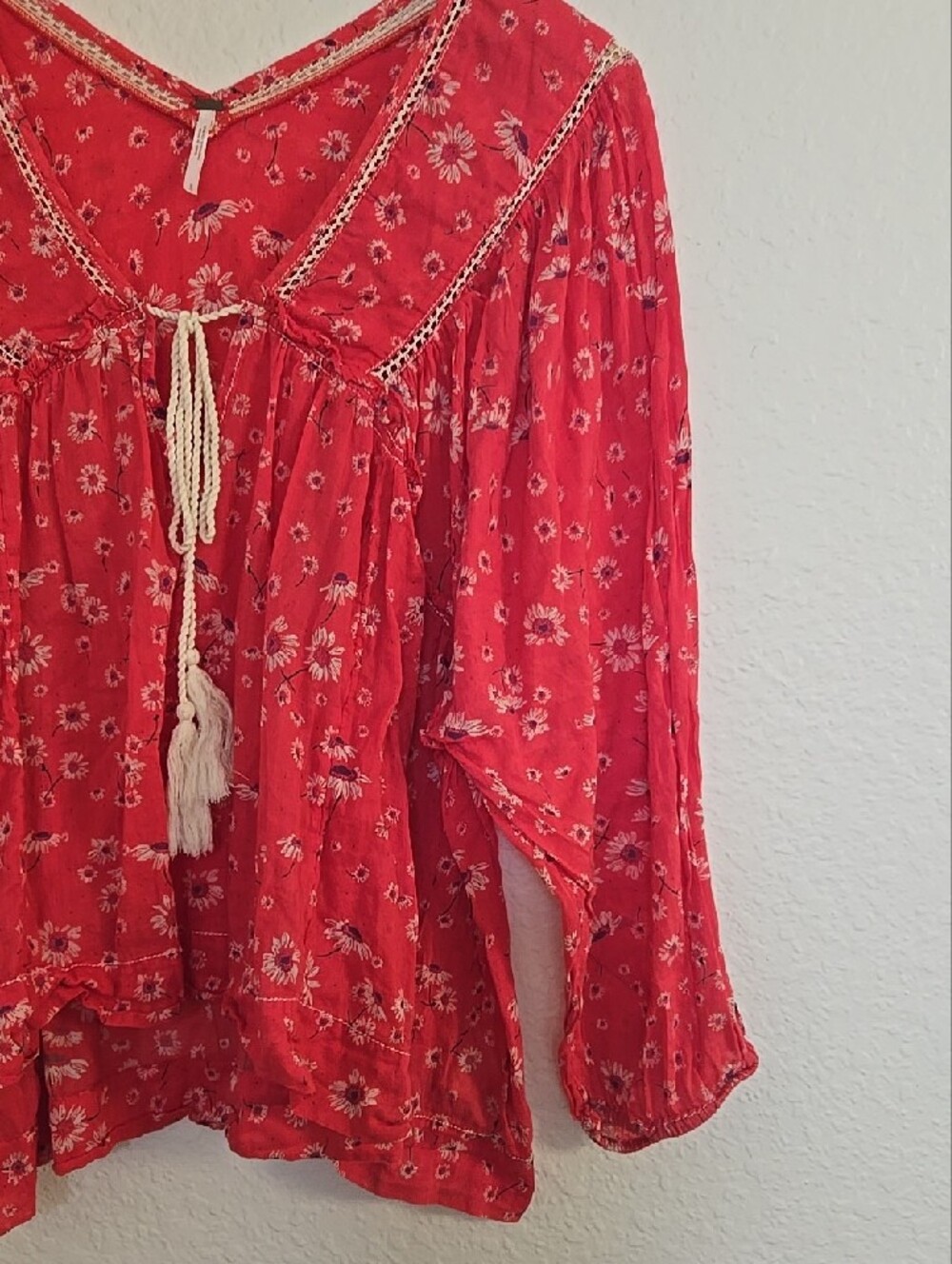 Free People Red Floral Boho Peasant Tunic with Tassel Tie - Picture 4 of 8